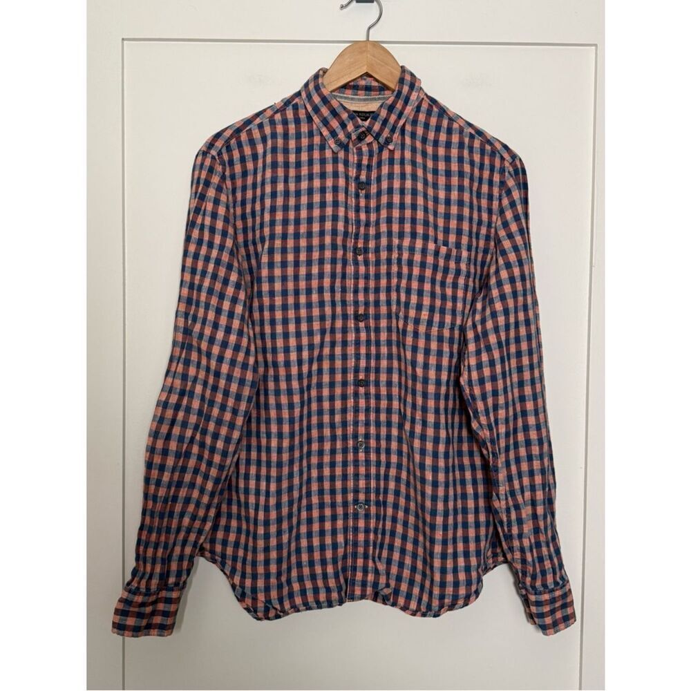Banana Republic Camden Fit Shirt Men Sz M Blue Pink Check 100% Linen Long Sleeve